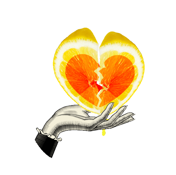 sliced, broken heart with lemon innards