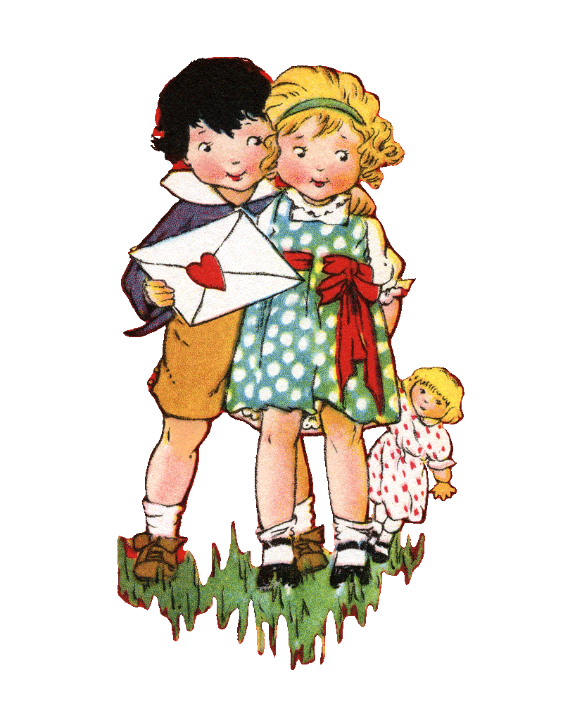 vintage cartoon children holding a valentine card